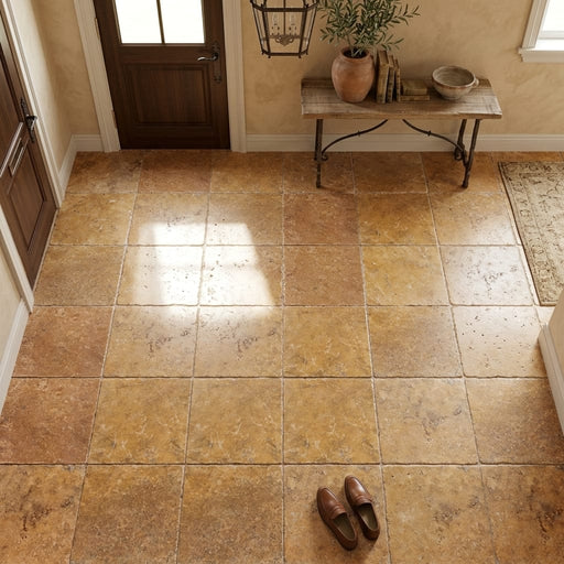Golden Sienna Tumbled 12x12 Textured Travertine Tile — Foyer floor