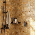 Golden Sienna Tumbled 3x6 Textured Travertine Tile — Bathroom shower wall
