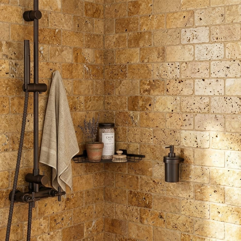 Golden Sienna Tumbled 3x6 Textured Travertine Tile — Bathroom shower wall
