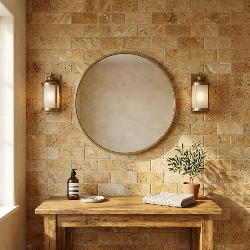 Golden Sienna Tumbled 3x6 Textured Travertine Tile — Bathroom wall