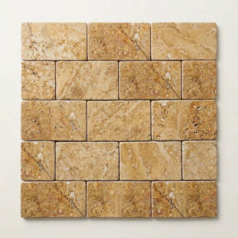 Golden Sienna Tumbled 3x6 Textured Travertine Tile close-up
