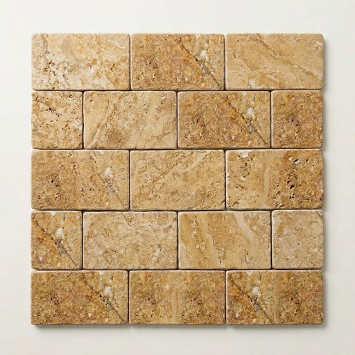 Golden Sienna Tumbled 3x6 Textured Travertine Tile close-up