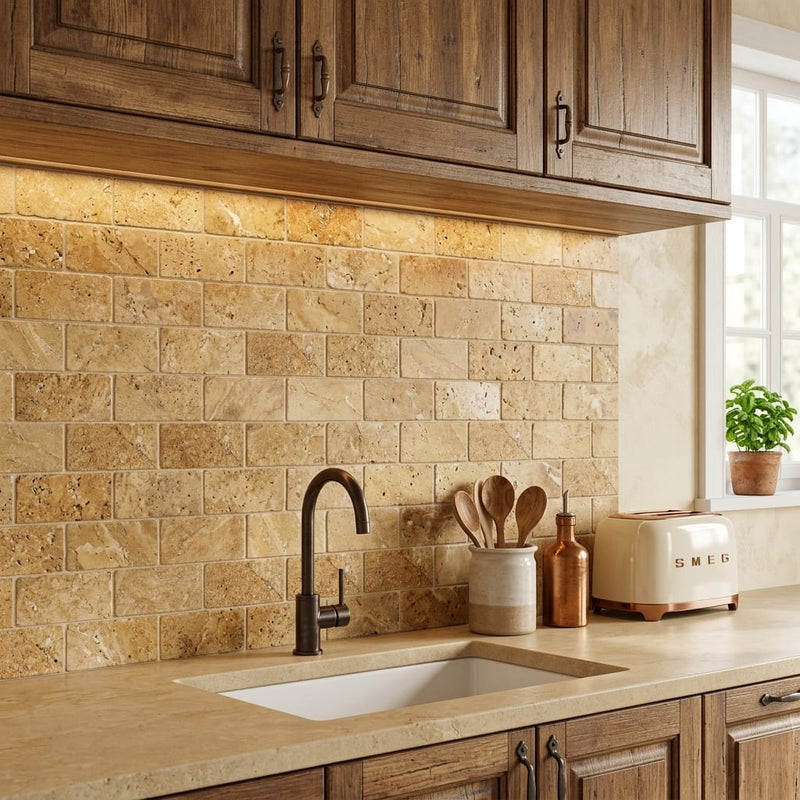 Golden Sienna Tumbled 3x6 Textured Travertine Tile — Kitchen backsplash