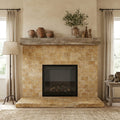 Golden Sienna Tumbled 3x6 Textured Travertine Tile — Living Room fireplace surround