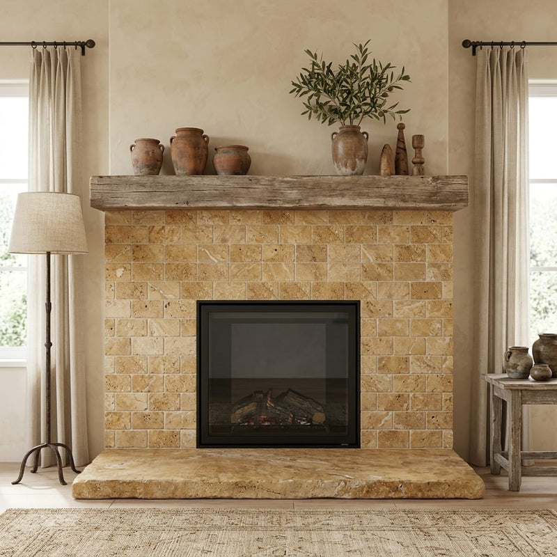 Golden Sienna Tumbled 3x6 Textured Travertine Tile — Living Room fireplace surround