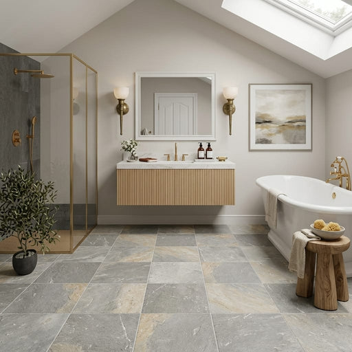 Golden White 12x12 Gauged Quartzite Tile — Bathroom floor