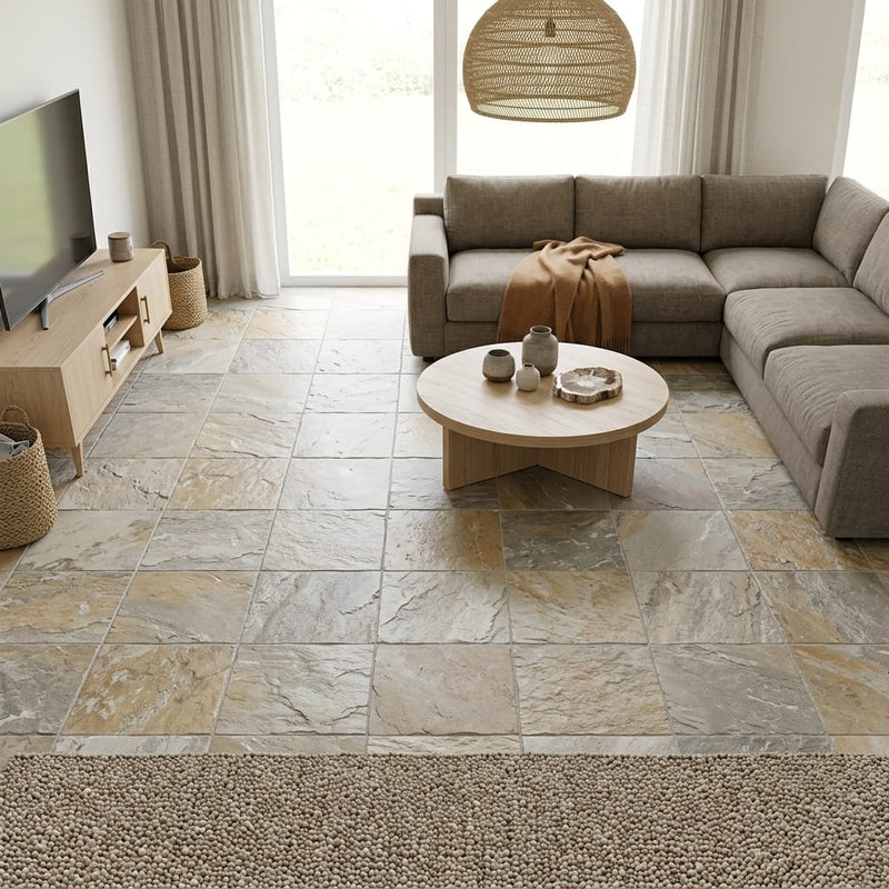 Golden White 16x16 Gauged Quartzite Natural Stone Tile — Family Room floor