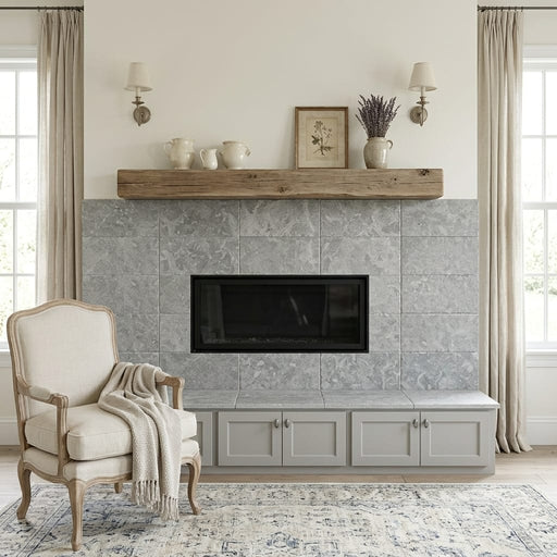 Graphite Antique Chiseled 12x24 Limestone Tile — Living Room fireplace surround