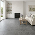 Graphite Antique Chiseled 12x24 Limestone Tile — Living Room floor