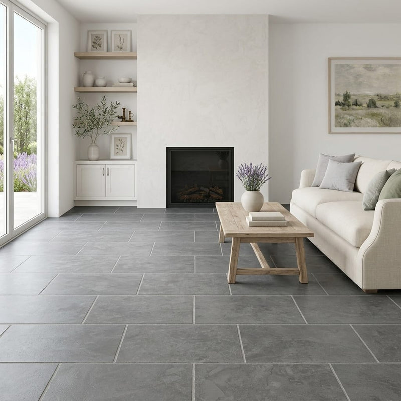 Graphite Antique Chiseled 12x24 Limestone Tile — Living Room floor