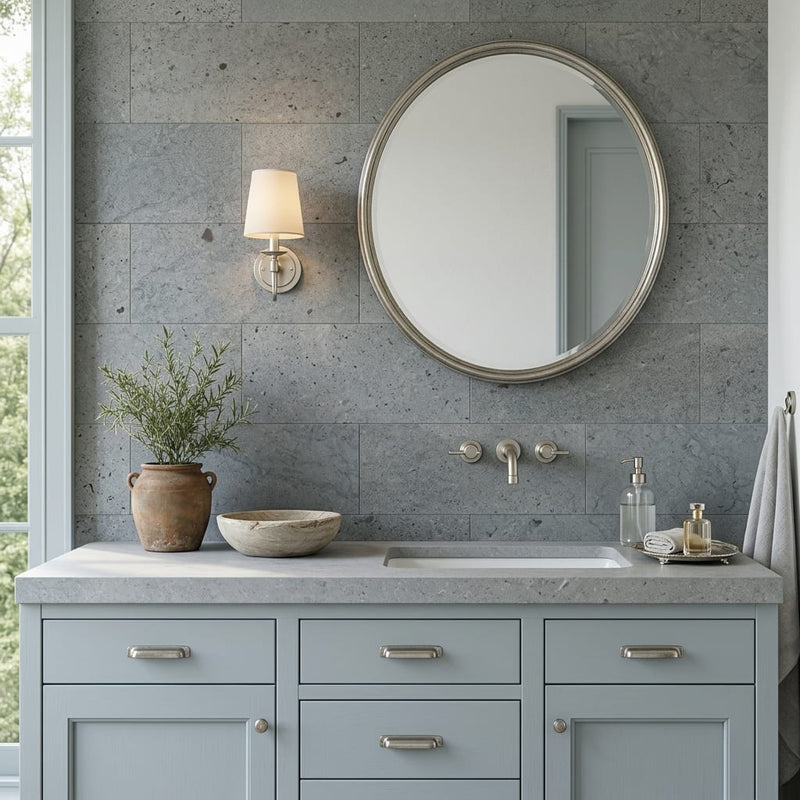 Graphite Antiqued 12x24 Limestone Tile — Bathroom vanity wall