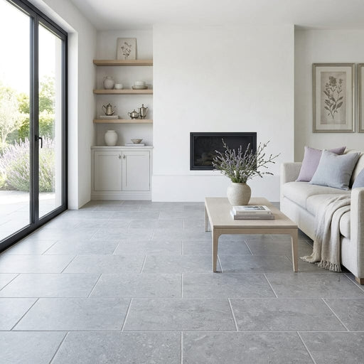 Graphite Antiqued 12x24 Limestone Tile — Living Room floor