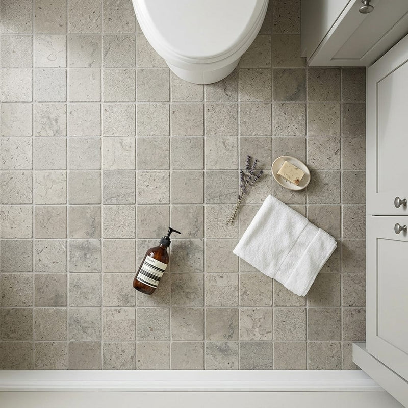 Graphite Antiqued 2x2 Limestone Mosaic — Bathroom floor