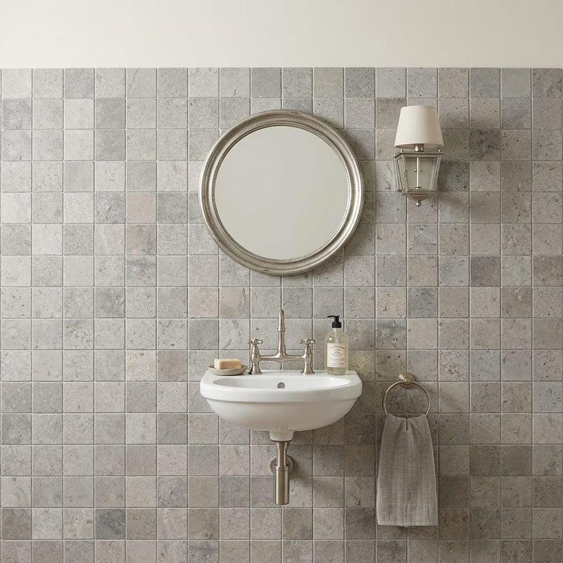 Graphite Antiqued 2x2 Limestone Mosaic — Powder Room wall