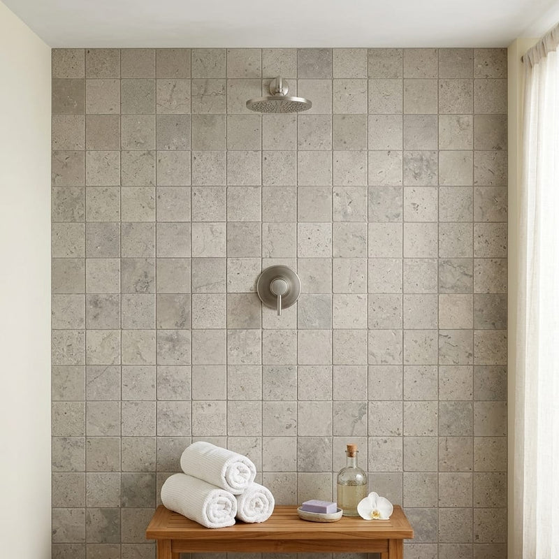Graphite Antiqued 2x2 Limestone Mosaic — Spa spa interior