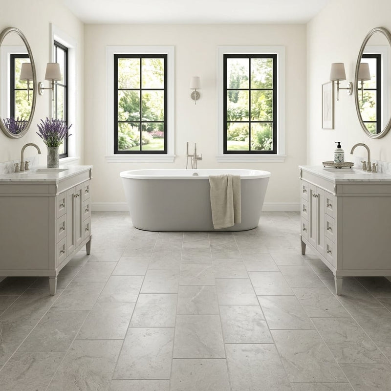 Gray Volcano Limestone Tile 12x24 Honed — Bathroom floor