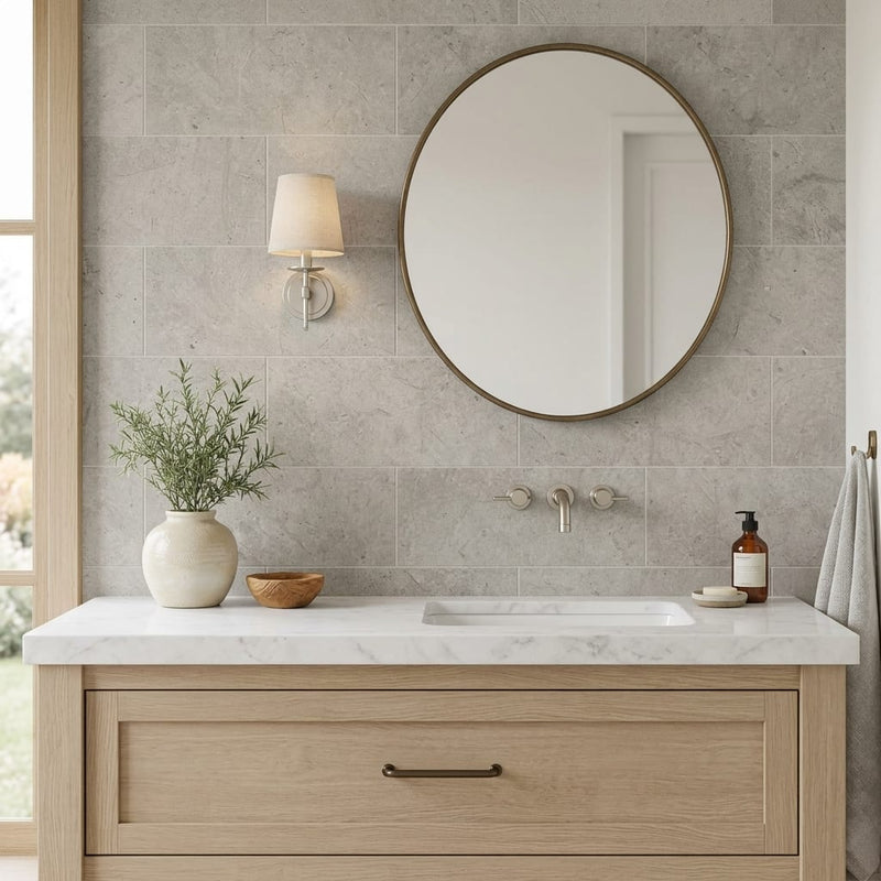Gray Volcano Limestone Tile 12x24 Honed — Bathroom vanity wall