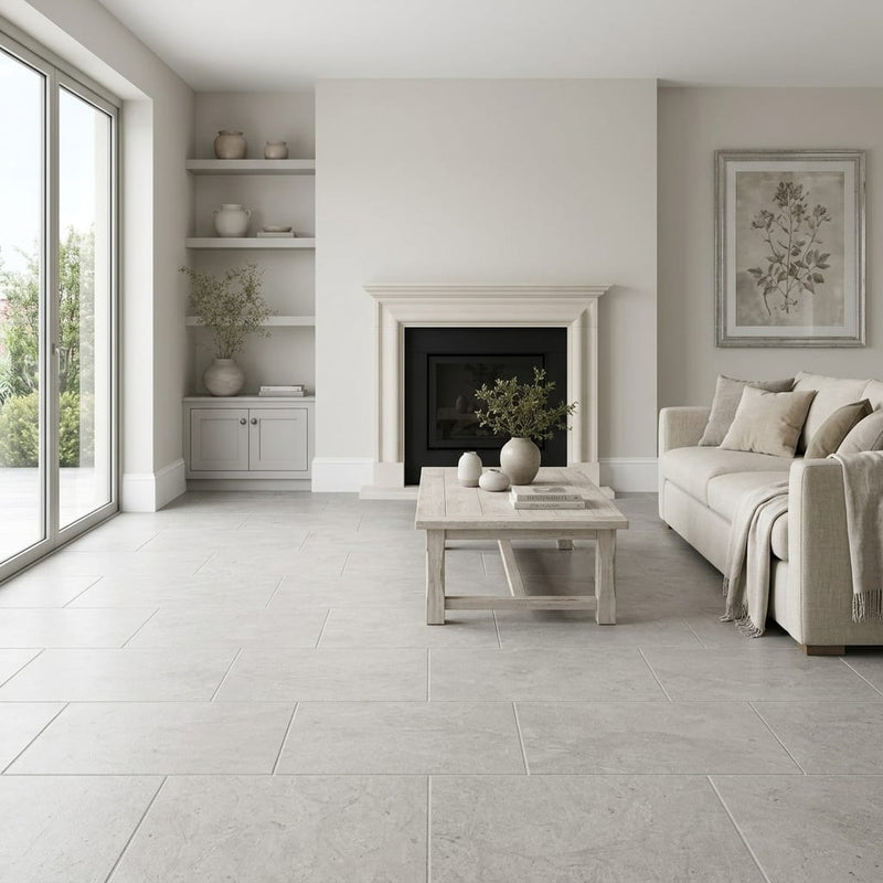 Gray Volcano Limestone Tile 12x24 Honed — Living Room floor