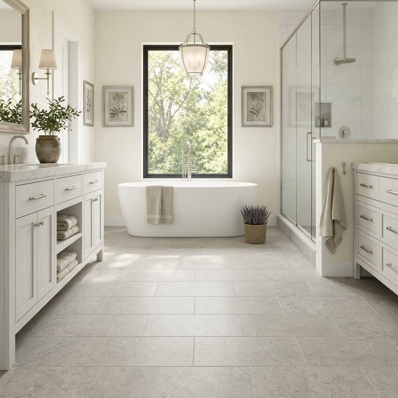 Gray Volcano Limestone Tile 12x24 Honed — Primary Bath floor
