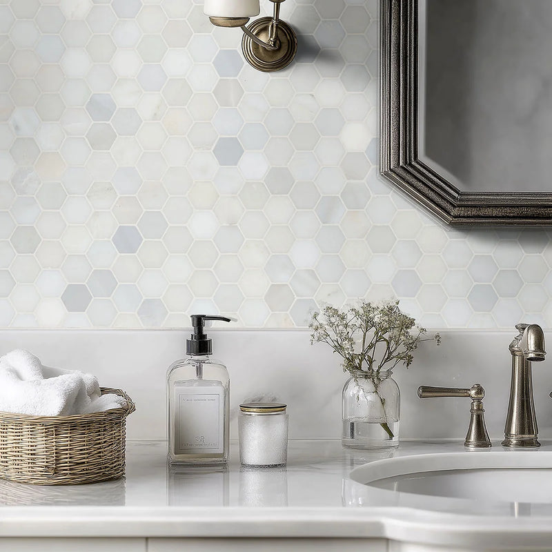 Greecian White 2 Hexagon Pattern Polished Marble Mosaic Tile