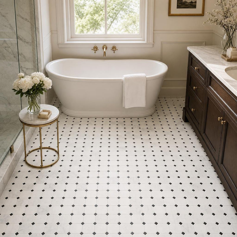 Greecian White 2x2 Octagon Polished Marble Mosaic Tile — Bathroom floor