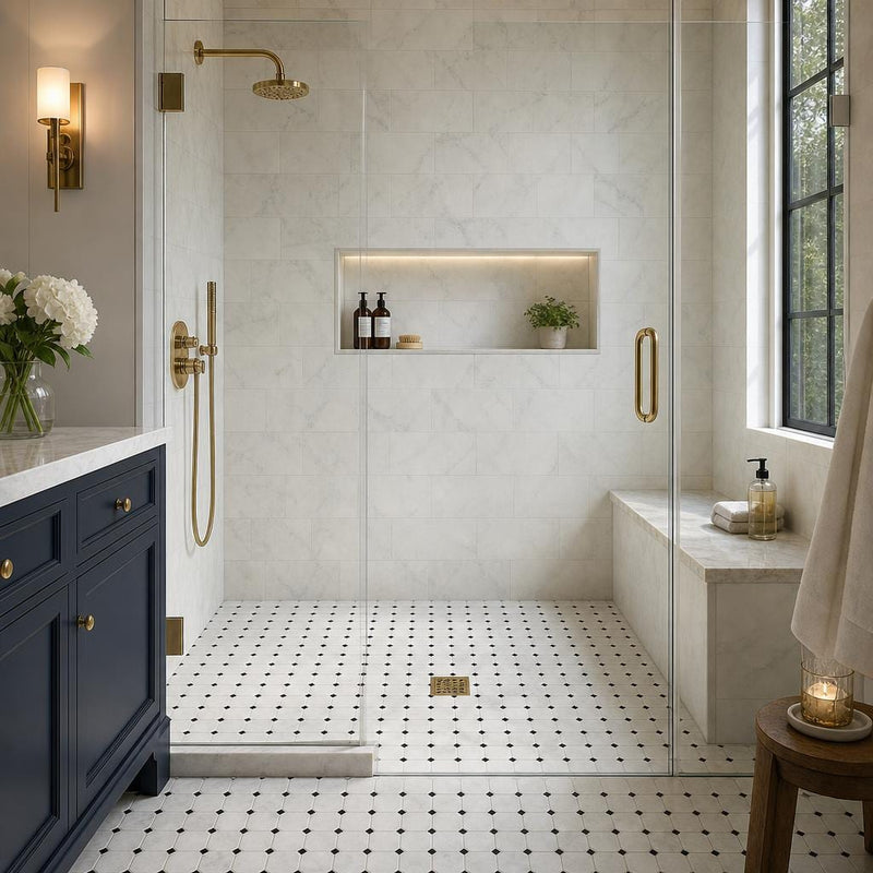 Greecian White 2x2 Octagon Polished Marble Mosaic Tile — Bathroom shower floor