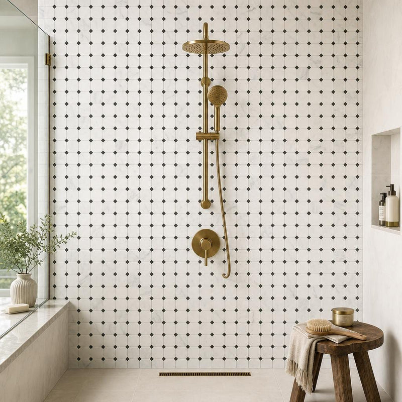 Greecian White 2x2 Octagon Polished Marble Mosaic Tile — Bathroom shower wall