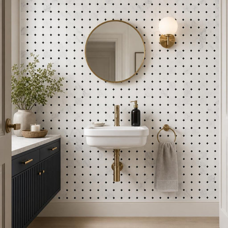 Greecian White 2x2 Octagon Polished Marble Mosaic Tile — Powder Room wall