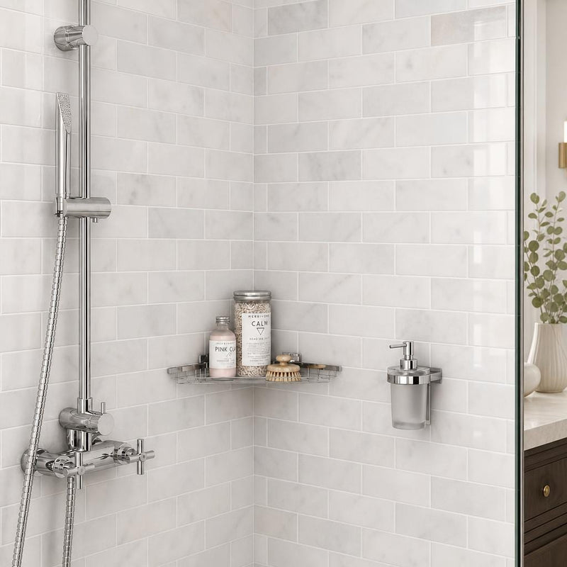 Greecian White 3x6 Polished Marble Subway Tile — Bathroom shower wall