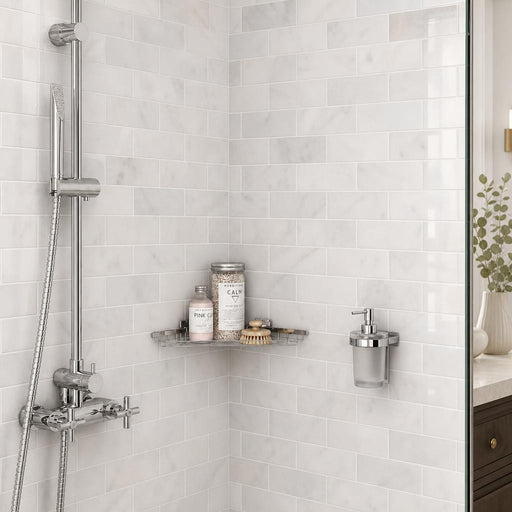 Greecian White 3x6 Polished Marble Subway Tile — Bathroom shower wall