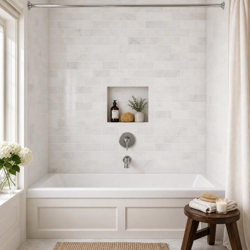 Greecian White 3x6 Polished Marble Subway Tile — Bathroom tub surround