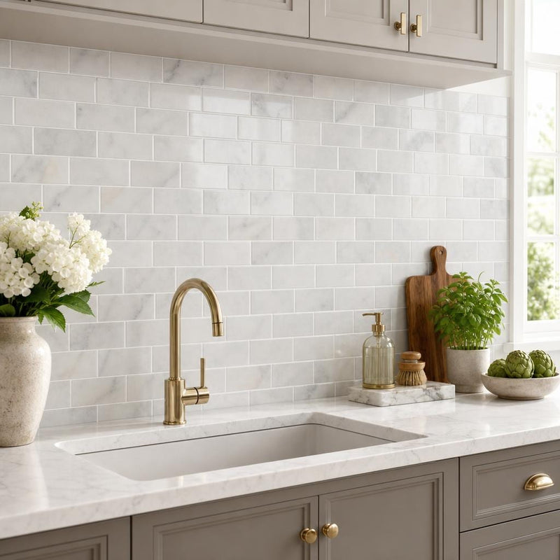 Greecian White 3x6 Polished Marble Subway Tile — Kitchen backsplash