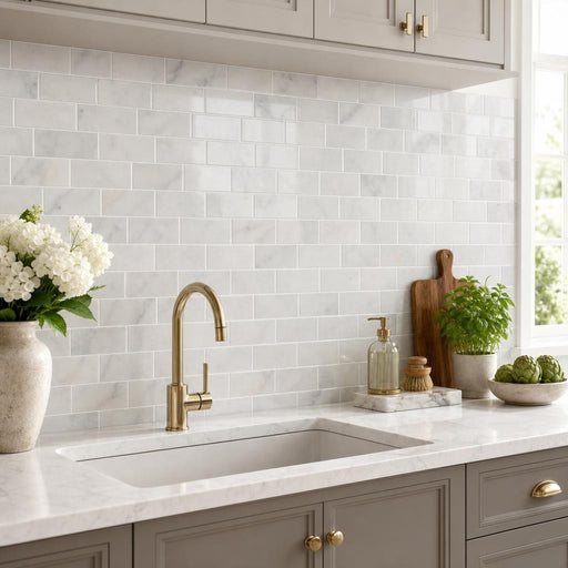 Greecian White 3x6 Polished Marble Subway Tile — Kitchen backsplash