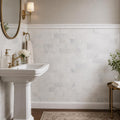 Greecian White 3x6 Polished Marble Subway Tile — Powder Room wainscot