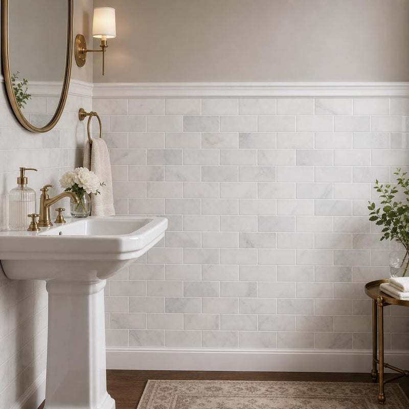 Greecian White 3x6 Polished Marble Subway Tile — Powder Room wainscot