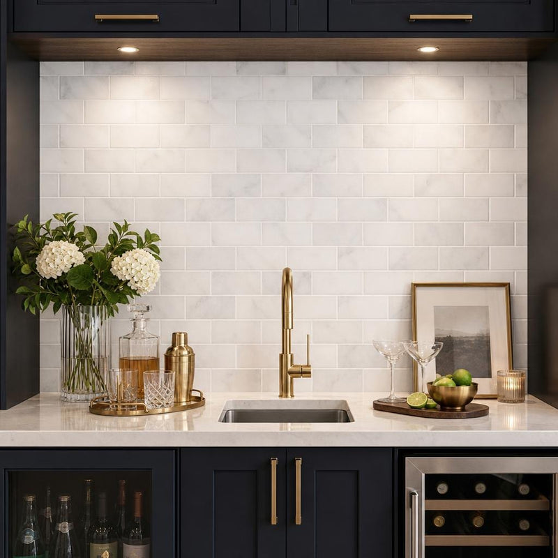 Greecian White 3x6 Polished Marble Subway Tile — Wet Bar backsplash
