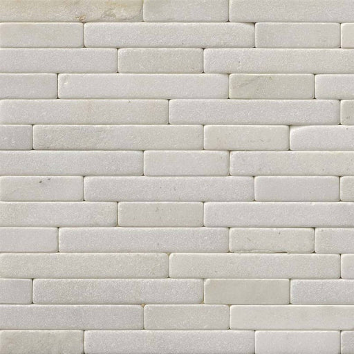 Greecian White tumbled marble mosaic tile with staggered rectangular strips, soft white and light gray tones, and rounded edges.