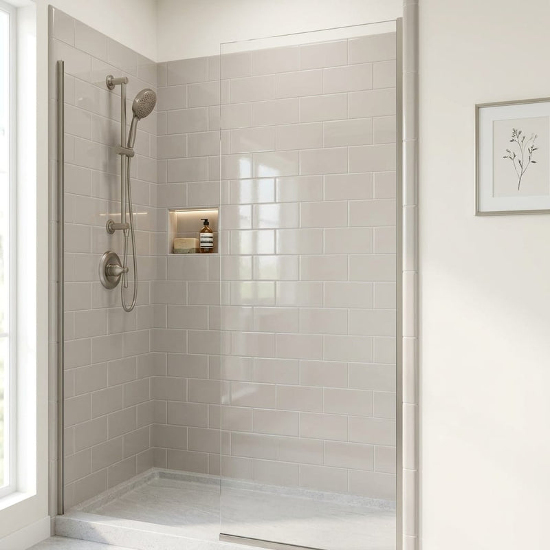 H Line Pumice Glossy 3x6 Ceramic Tile — Bathroom shower wall edge