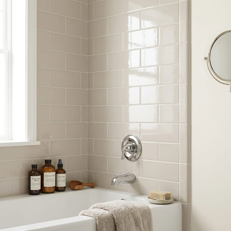 H Line Pumice Glossy 3x6 Ceramic Tile — Bathroom tub surround edge