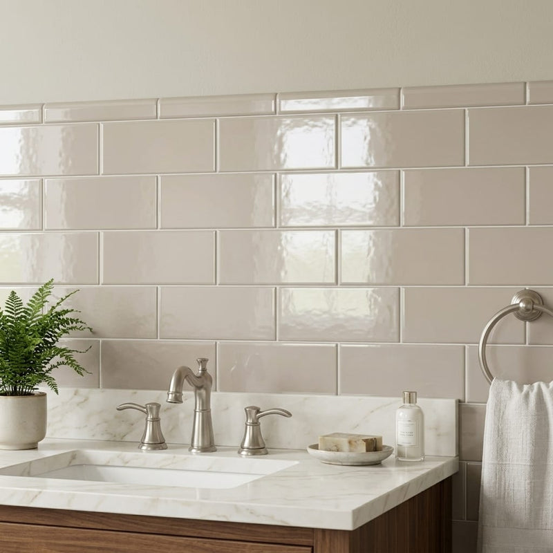 H Line Pumice Glossy 3x6 Ceramic Tile — Bathroom wainscot cap