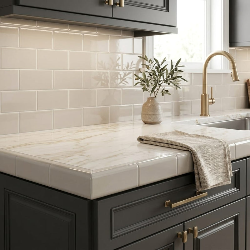 H Line Pumice Glossy 3x6 Ceramic Tile — Kitchen countertop edge