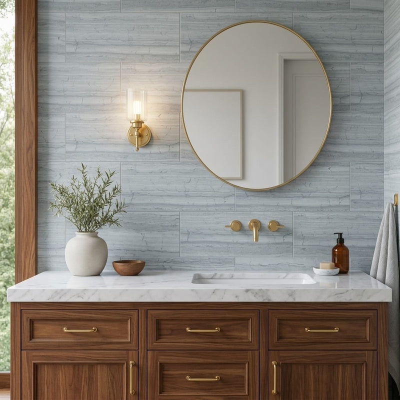 Haisa Blue 12x24 Honed Stone Marble & Dolomite Tile — Bathroom vanity wall