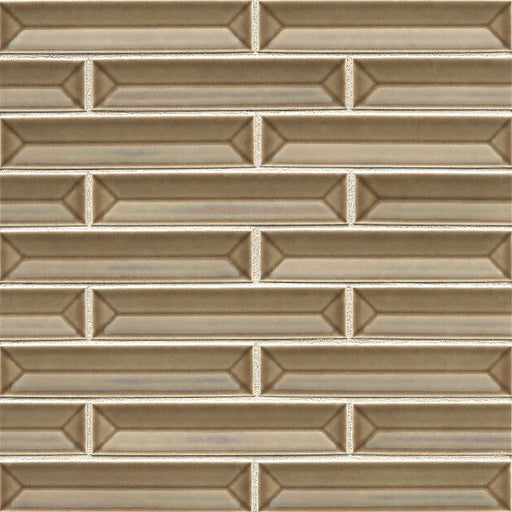 Half Baked Lets Fig Around 13 x 11.5 mesh mosaic featuring beveled taupe rectangular tiles in a staggered pattern.