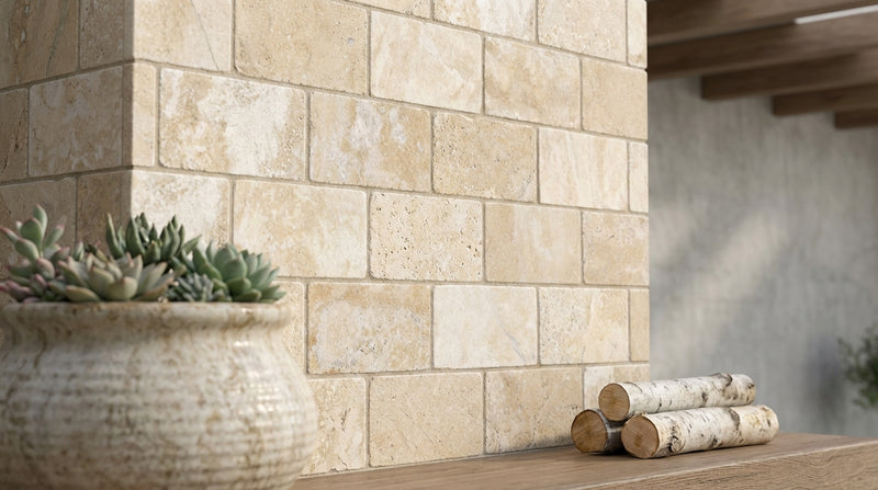 Durango / Paredon (Mexican) - Cross Cut Durango Travertine 1x2 Tumbled Travertine Diamond / Rhomboid Mosaic