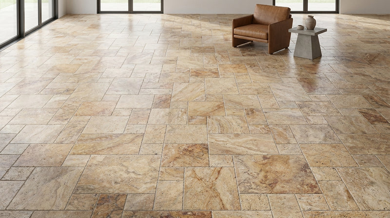 Scabos Travertine Roman (MIDI Versailles) Pattern Unfilled, Brushed & Chiseled Travertine Tile