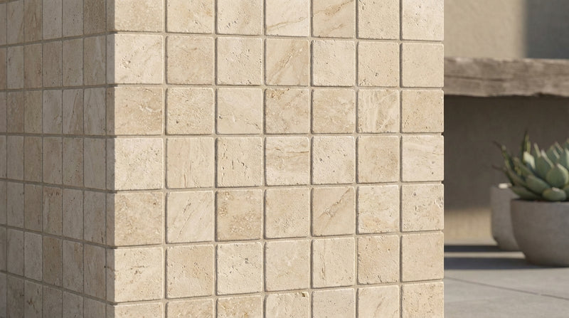 Ivory / Light Travertine 5/8x5/8 Cream Tumbled Mosaic