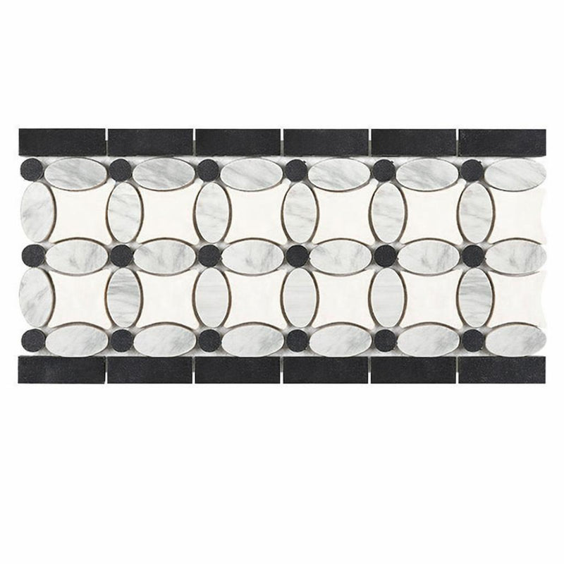 Carrara White (Italian) Marble 5-3/4x11 1/4 Honed Tile Florida Flower Border (Thassos + White Carrara (Oval) + Black (Dots))