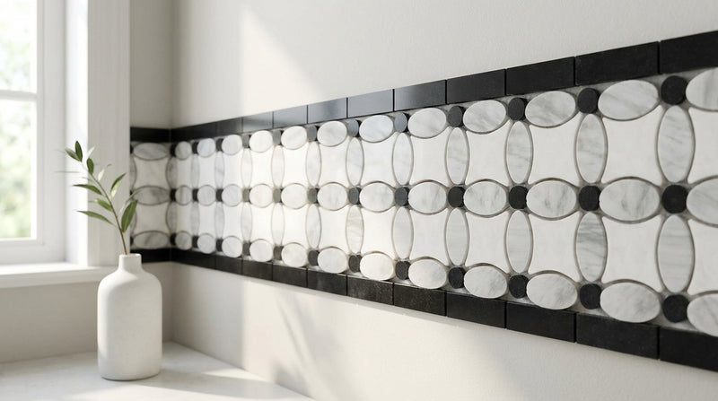 Carrara White (Italian) Marble 5-3/4x11 1/4 Honed Tile Florida Flower Border (Thassos + White Carrara (Oval) + Black (Dots))