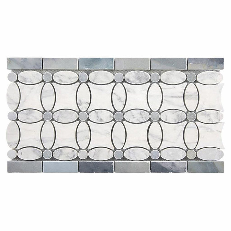 Carrara White (Italian) Marble 5-3/4x11 1/4 Honed Tile Florida Flower Border (Thassos + White Carrara (Oval) + Blue-Gray (Dots))