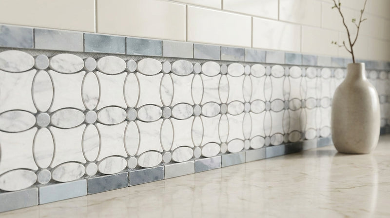 Carrara White (Italian) Marble 5-3/4x11 1/4 Honed Tile Florida Flower Border (Thassos + White Carrara (Oval) + Blue-Gray (Dots))